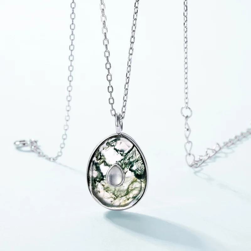 Jewelyking S925 Green Moss Agate Silver Gemstone 18K Silver Necklace JKNS0103