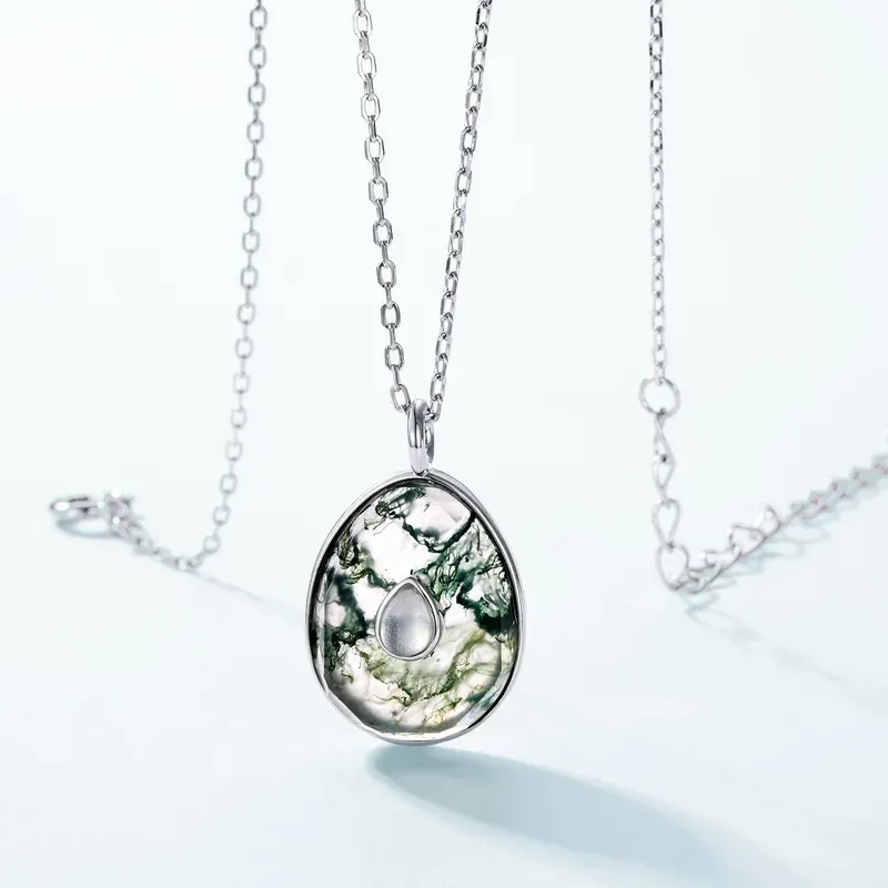 Jewelyking S925 Green Moss Agate Silver Gemstone 18K Silver Necklace JKNS0103