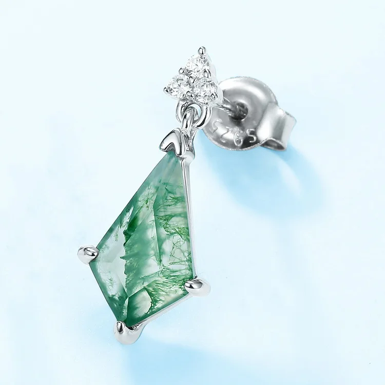 Jewelyking S925 Sterling Silver 18k White Gold Plated Rings Kite Cut Green Moss Agate Dangle Earrings Engagement JKES0077