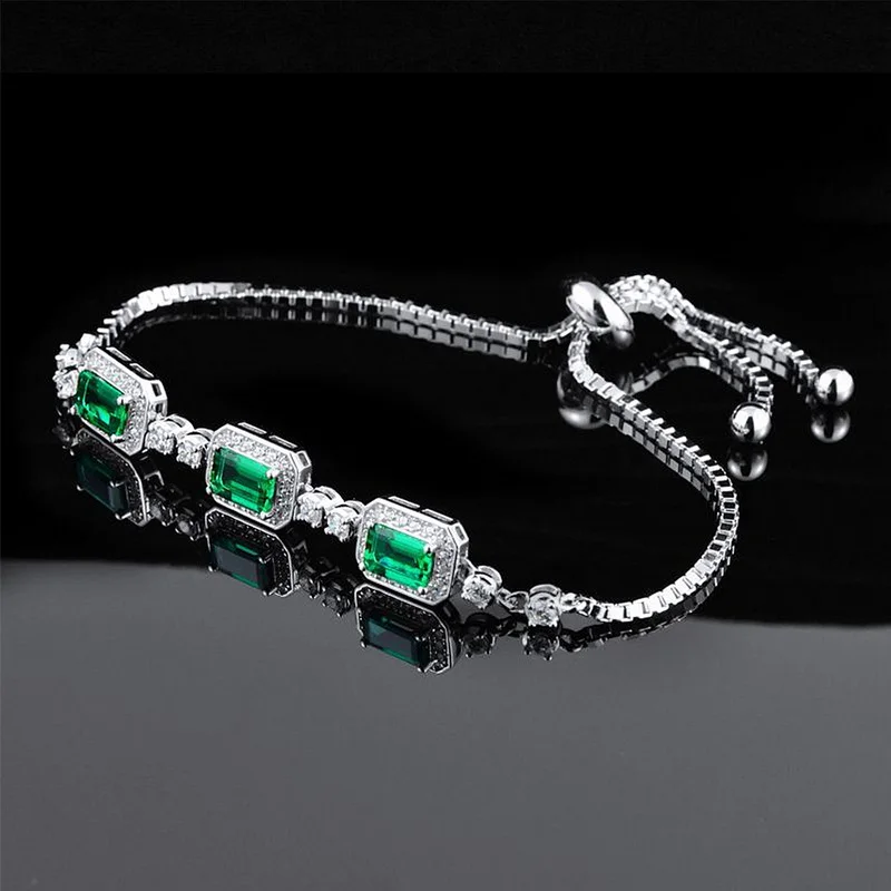 Jewelry S925 Silver Charm Adjustable Bracelets Lab Grown Emerald Stone Bracelet for WOMEN'S Gift Party