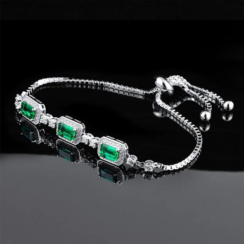 Jewelry S925 Silver Charm Adjustable Bracelets Lab Grown Emerald Stone Bracelet for WOMEN'S Gift Party