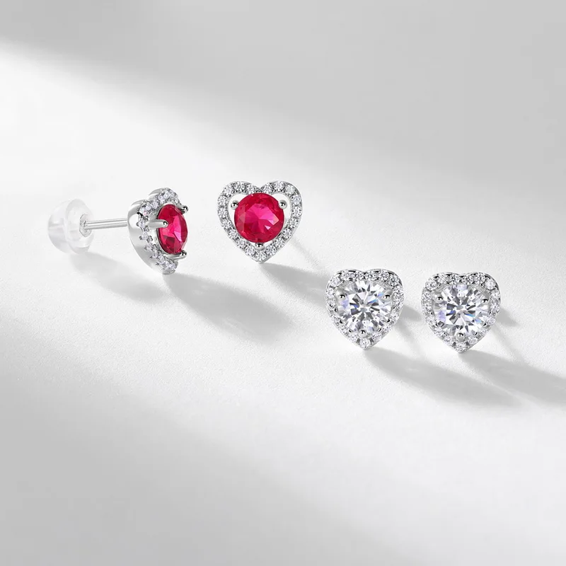 JewelyKing S925 Sterling Silver D Color VVS1 Moissanite Heart Halo Stud  Lab Grown Ruby Earrings JKES0015