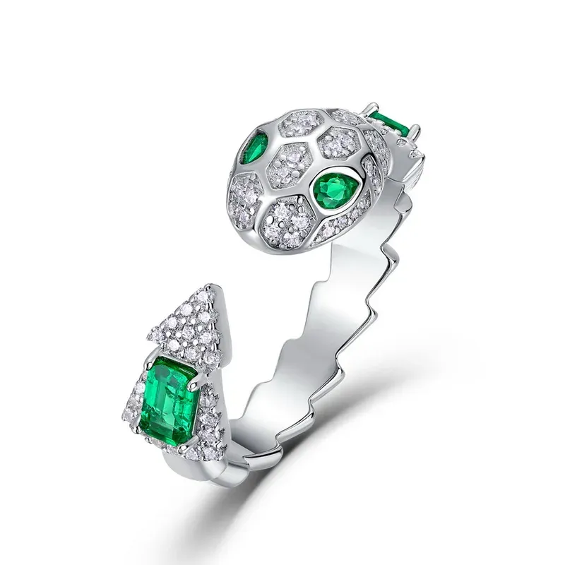 Minimalist Stylish Design S925 Silver Rhodium Snake Open Adjustable Lab Grown Emerald Jewelry Ring Gemstone 925