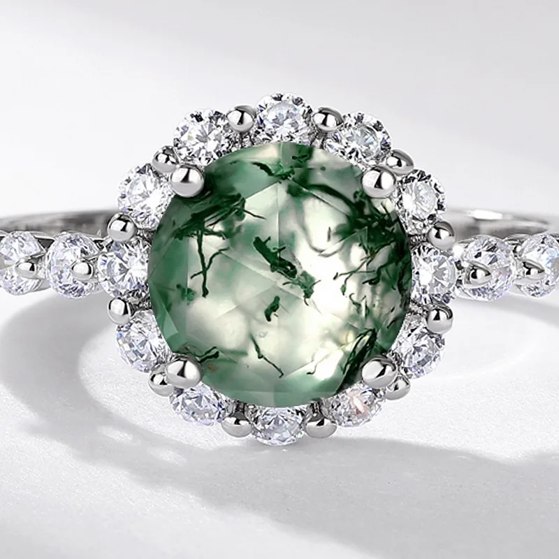 JewelyKing S925 Sterling Silver Round Green Moss Agate Halo Twisted Shank CZ Accent Vintage Nature Inspired Engagement Ring JKRS0192