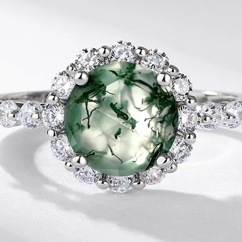 JewelyKing S925 Sterling Silver Round Green Moss Agate Halo Twisted Shank CZ Accent Vintage Nature Inspired Engagement Ring JKRS0192