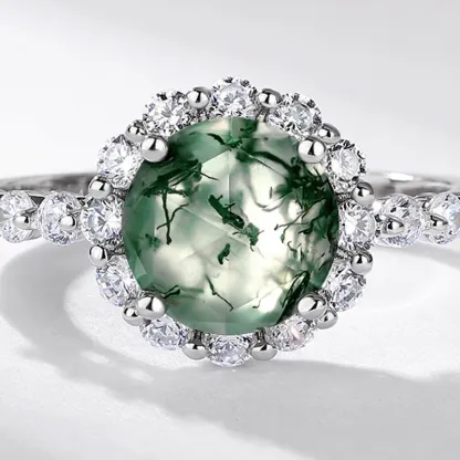 JewelyKing S925 Sterling Silver Round Green Moss Agate Halo Twisted Shank CZ Accent Vintage Nature Inspired Engagement Ring JKRS0192