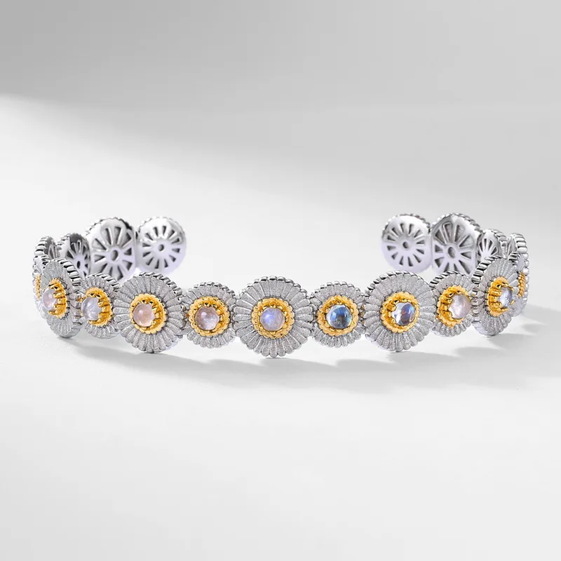 S925 Sterling Silver Daisy Flower Blue Moonstone Two Tone Cuff Bangle for Women Boho Jewelry