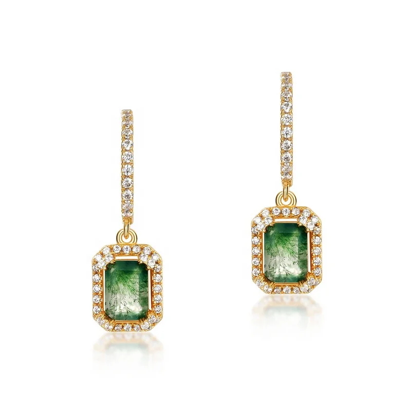Jewelyking S925 Sterling Silver Green Gemstone Stud Earring 18K Gold Plated Rectangle Moss Agate Drop Earrings JKES0073