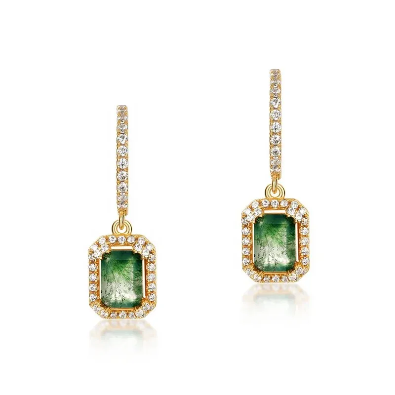 Jewelyking S925 Sterling Silver Green Gemstone Stud Earring 18K Gold Plated Rectangle Moss Agate Drop Earrings JKES0073