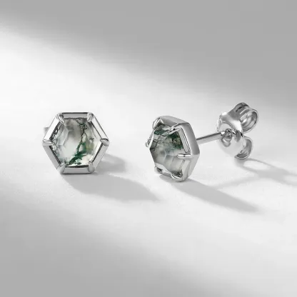 Jewelyking S925 Sterling Silver Moss Agate Earrings Unisex Hexagon Cut Stud Earrings JKES0106