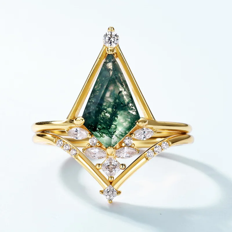 JewelyKing S925 Sterling Silver Plating 18K Yellow Gold Green Moss Natural Seaweed Agate Ring JKRS0132