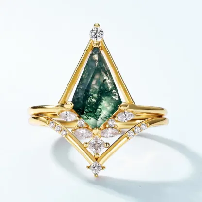 JewelyKing S925 Sterling Silver Plating 18K Yellow Gold Green Moss Natural Seaweed Agate Ring JKRS0132