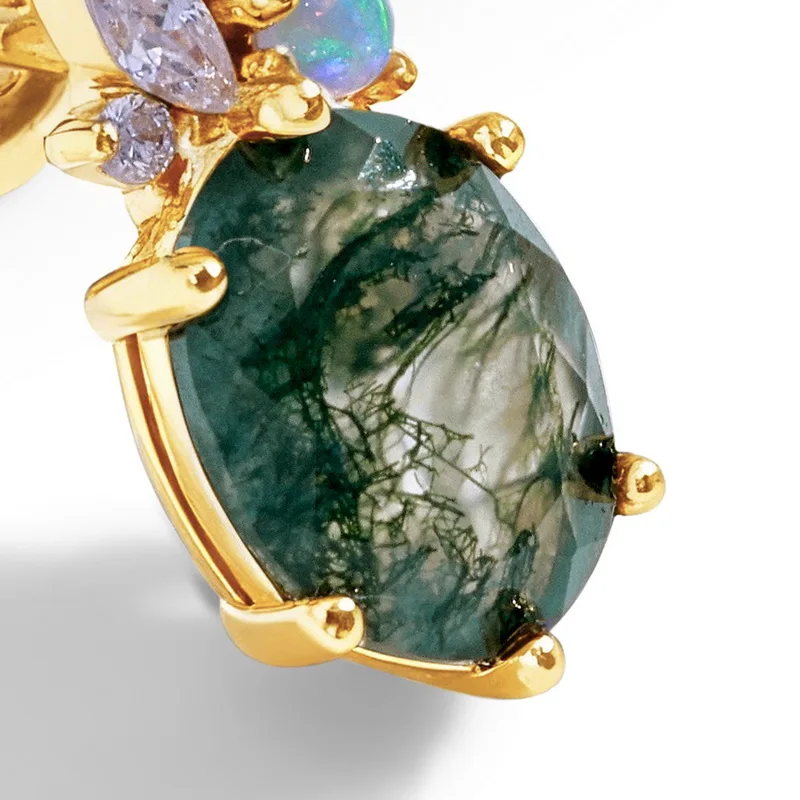 JewelyKing S925 Sterling Silver Green Moss Agate 14K Gold Plated Opal CZ Accent Oval Cut Stud Earrings Dangle Earrings JKRS0011
