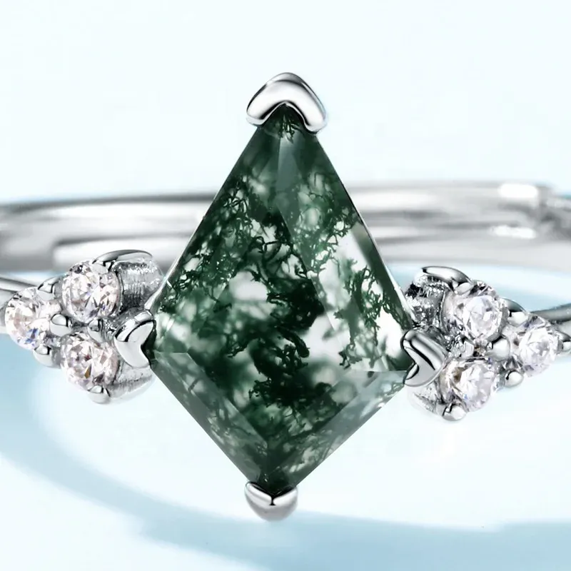 JewelyKing S925 Sterling Silver 18k Gold Plated Adjustable Delicate Green Moss Agate Wedding Ring JKRS0151