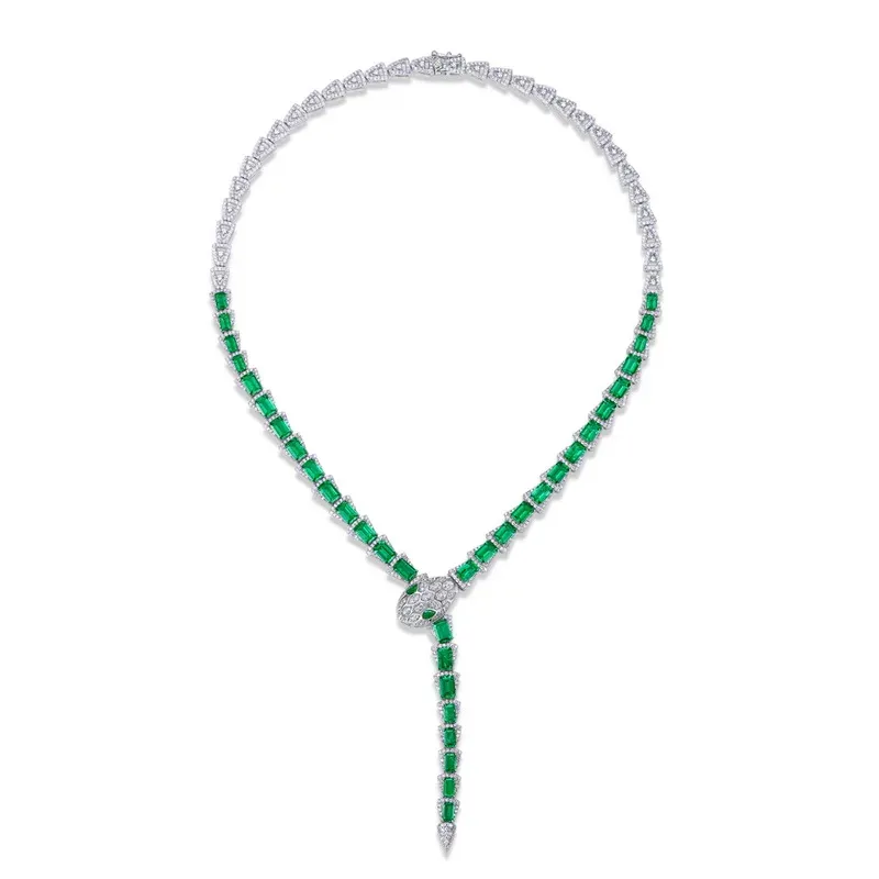 Luxury 925 Sterling Silver White Plated Snake Lab Grown Emerald Necklace Elegant Fine Jewelry Anniversary Engagement Gift Set