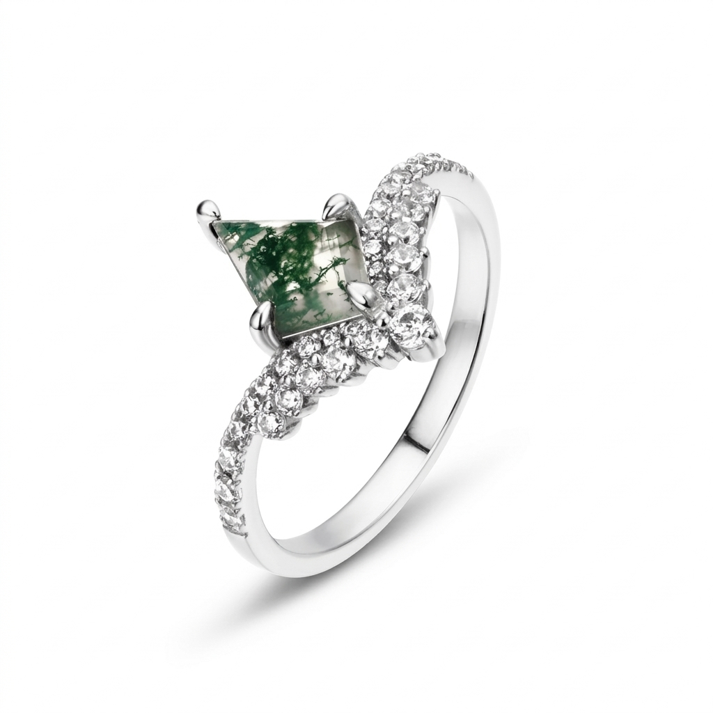 JewelyKing Unique Rose Gold Plated Kite Moss Agate Stone  Vintage Moss Quartz Cz Stack Ring JKRS0235