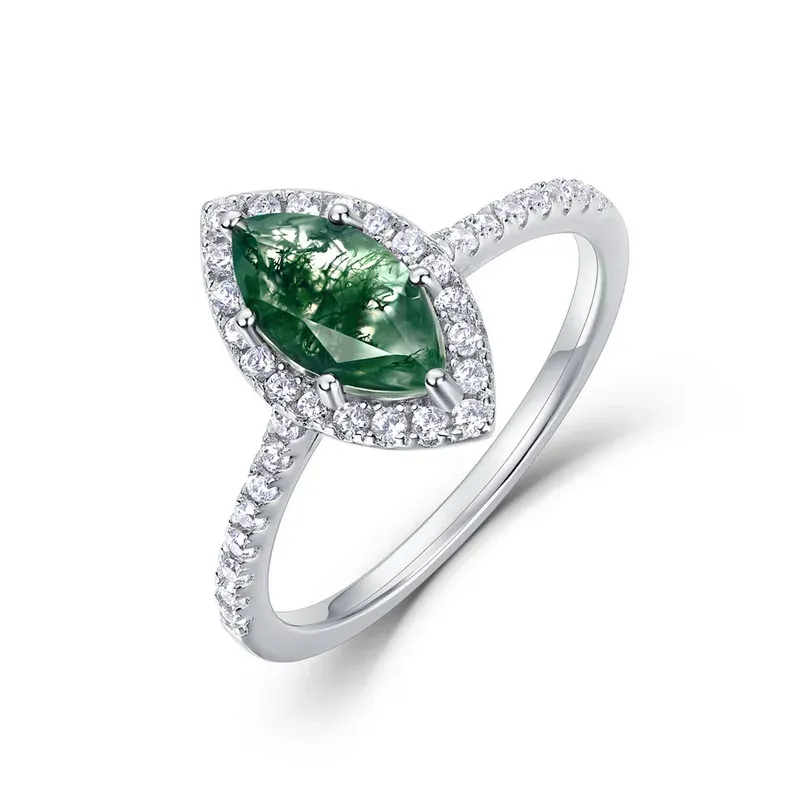 JewelyKing S925 Silver Retro Gemstone Natural Green Moss Agate Ring JKRS0245