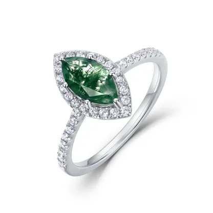JewelyKing S925 Silver Retro Gemstone Natural Green Moss Agate Ring JKRS0245