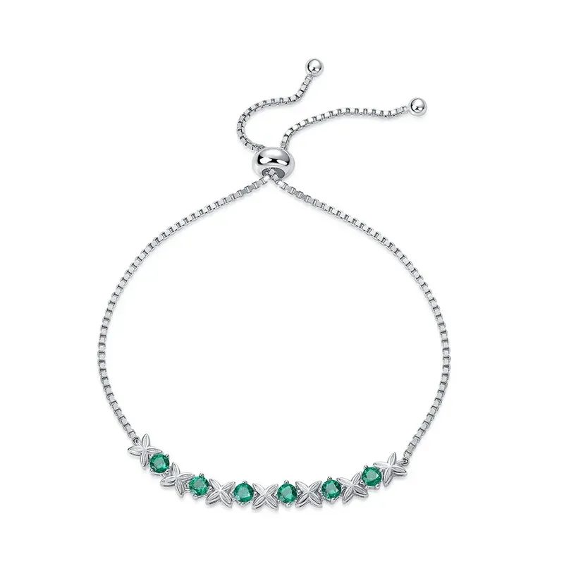 Wholesale Adjustable 925 Sterling Silver Emerald Chain Vivid Lab Grown Emerald Bracelet Flower Bracelet for Women