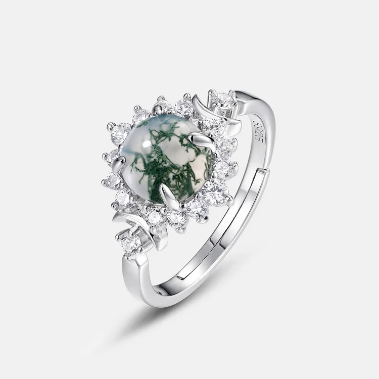 JewelyKing S925 Sterling Silver Round Natural Moss Agate Snowflake Cluster Adjustable Wedding Ring JKRS0213