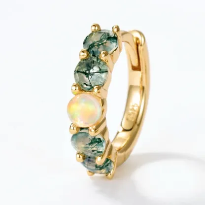 JewelyKing S925 Silver 14K Gold Plated Green Moss Agate Opal Accent Huggie Hoop Earrings JKES0010