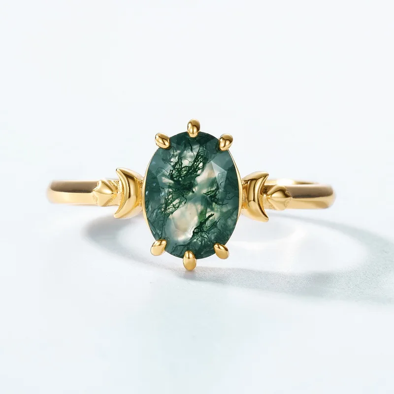 Jewelyking Natural Moss Agate Oval Six Claws Inlaid Natural Gem Jewelry 18k Wedding Rings JKRS0126