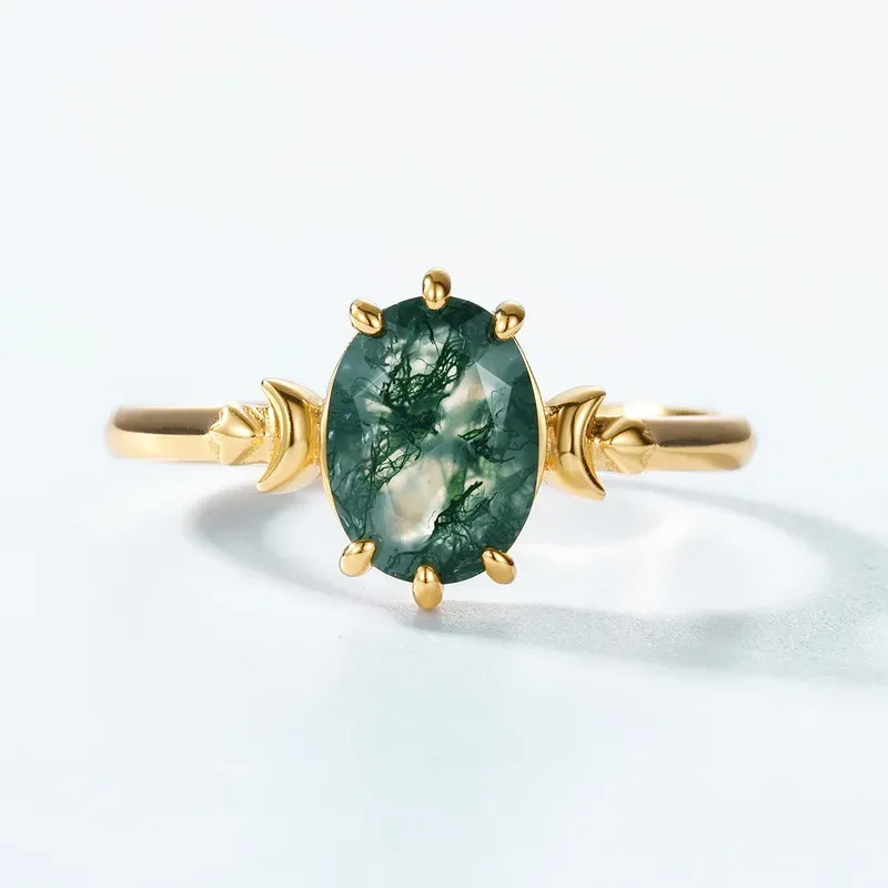 Jewelyking Natural Moss Agate Oval Six Claws Inlaid Natural Gem Jewelry 18k Wedding Rings JKRS0126