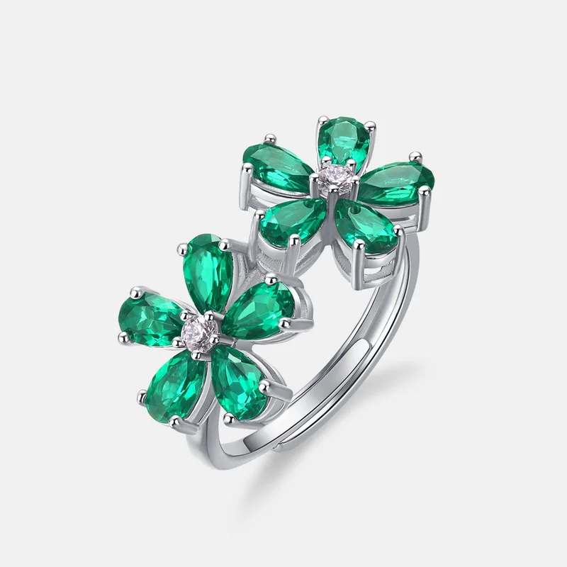 Panyu Custom 925 Sterling Silver Petal Ring Lab Created Emerald Retro European Luxury Jewelry