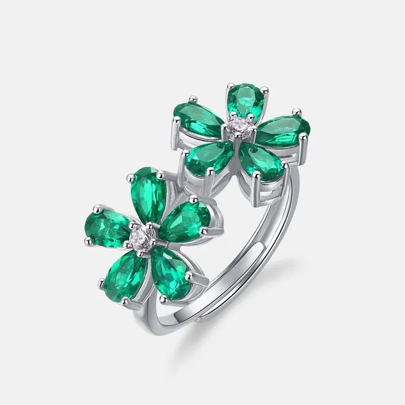 Panyu Custom 925 Sterling Silver Petal Ring Lab Created Emerald Retro European Luxury Jewelry