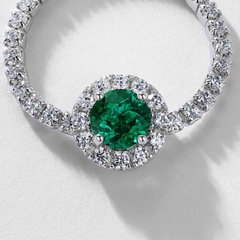 S925 Sterling Silver Round Cut Lab Grown Emerald Double Halo Engagement Ring for Women