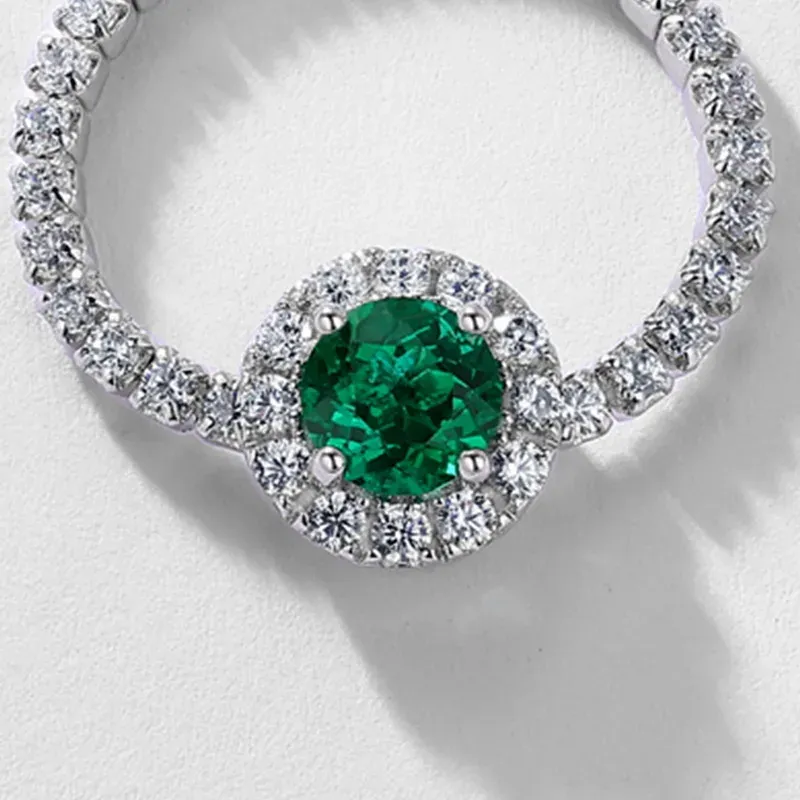 S925 Sterling Silver Round Cut Lab Grown Emerald Double Halo Engagement Ring for Women