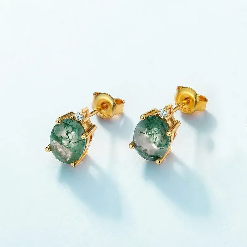 Jewelyking S925 Gemstone Green Moss Agate Natural Stone Stud Earrings JKES0072