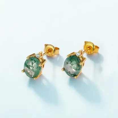 Jewelyking S925 Gemstone Green Moss Agate Natural Stone Stud Earrings JKES0072