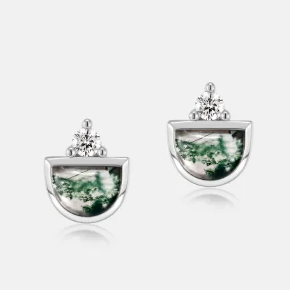 Jewelyking S925 Sterling Silver Green Moss Agate Silver Natural Gemstone Stud Earrings JKES0081