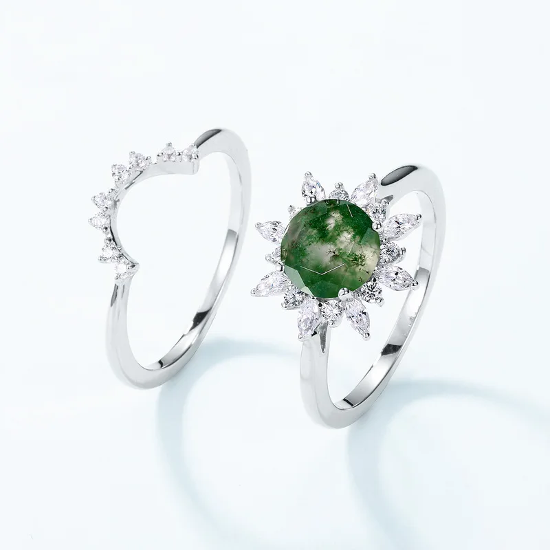 JewelyKing S925 Sterling Silver Snowflake Round Moss Agate  Cubic Zircon Ring JKRS0168