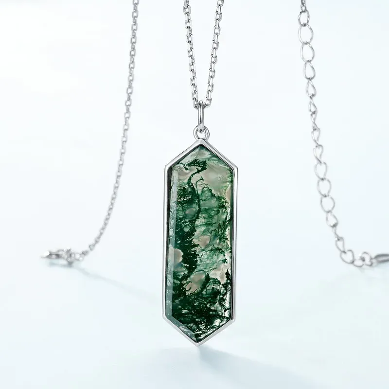 Jewelyking S925 Green Moss Agate  Silver Gold Plating Natural Stone Gemstone Pendant Necklace JKNS0112