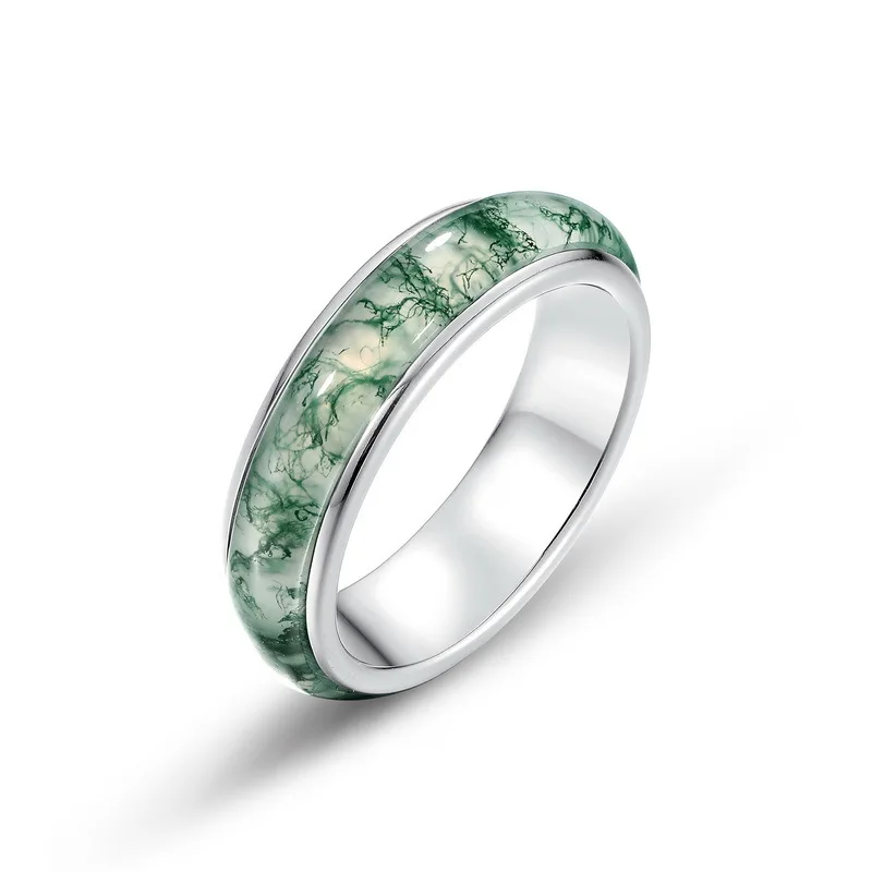JewelyKing S925 Sterling Silver Green Moss Agate Wide Band Geometric Grid Hollow Design Natural Gemstone Ring JKRS0007