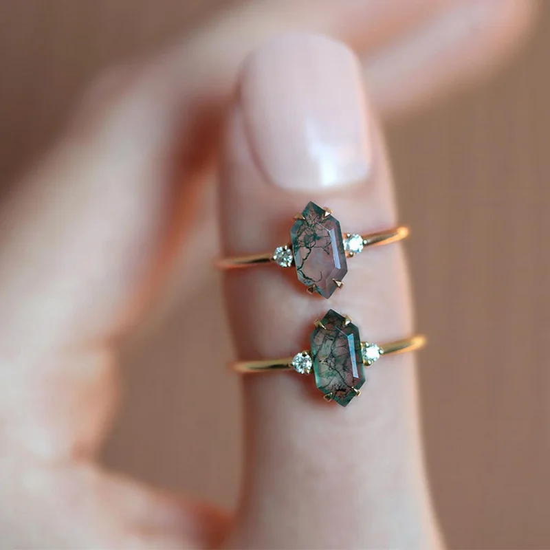 JewelyKing S925 Sterling Silver Boho Gemstone Large Moss Agate Cubic Zirconia Natural Green Moss Agate Ring JKRS0174