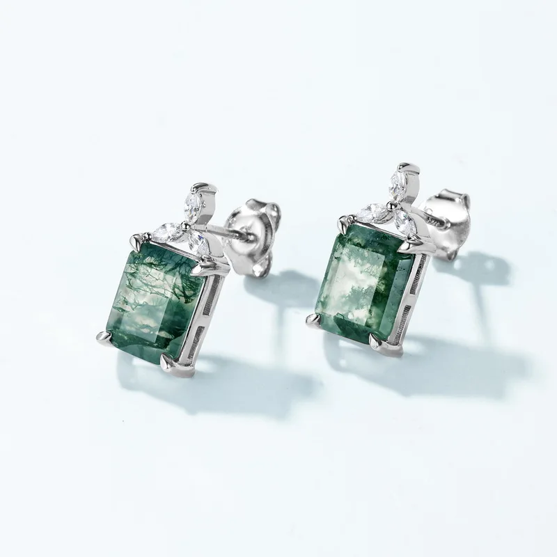 Jewelyking S925 Silver Plated White Gold Classic Solitaire Cut Green Moss Agate Gemstone Earrings JKES0096