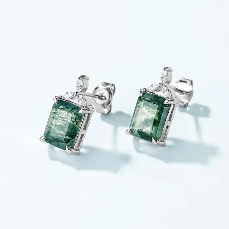 Jewelyking S925 Silver Plated White Gold Classic Solitaire Cut Green Moss Agate Gemstone Earrings JKES0096