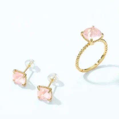 JewelyKing S925 Silver Single Stone Finger pink square Natural Rose Quartz Ring JKRS0271