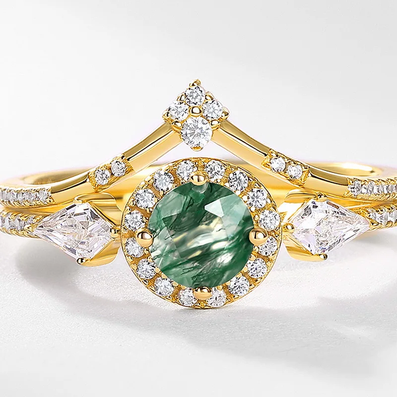 JewelyKing S925 Sterling Silver Round Cut Natural Gemstone 18k Gold Plated Green Moss Agate Engagement Rings  JKRS0194
