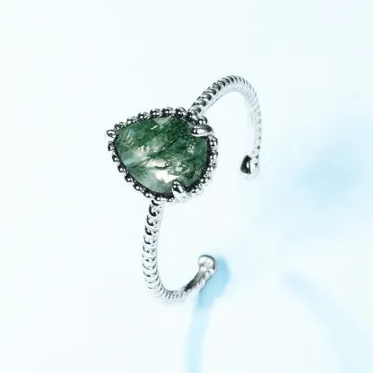 Jewelykin S925 Sterling Silver Rhodium Plating Moss Agate Engagement Rings JKRS0124