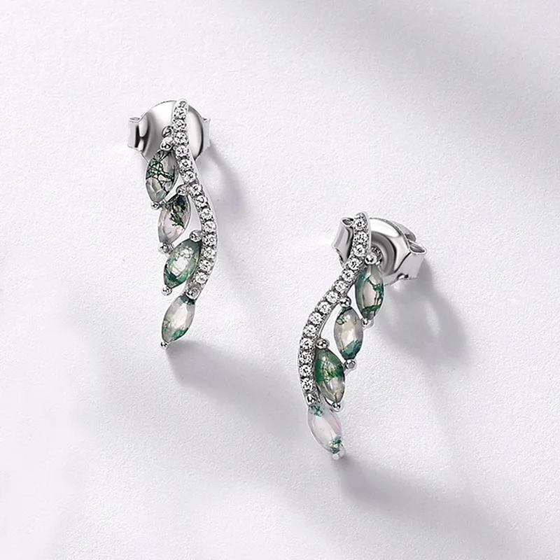 Jewelyking S925 Sterling Silver Simple Luxury Green Moss Agate Leaf Natural Gemstone Hook Earrings JKES0105