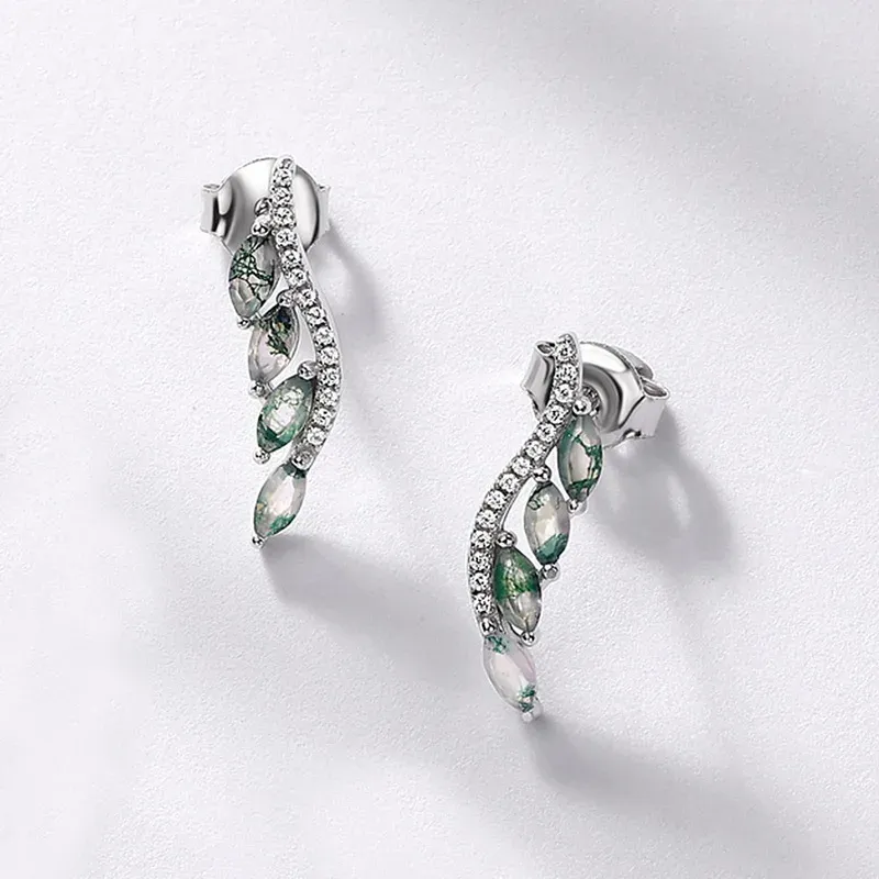 Jewelyking S925 Sterling Silver Simple Luxury Green Moss Agate Leaf Natural Gemstone Hook Earrings JKES0105
