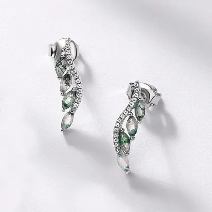 Jewelyking S925 Sterling Silver Simple Luxury Green Moss Agate Leaf Natural Gemstone Hook Earrings JKES0105