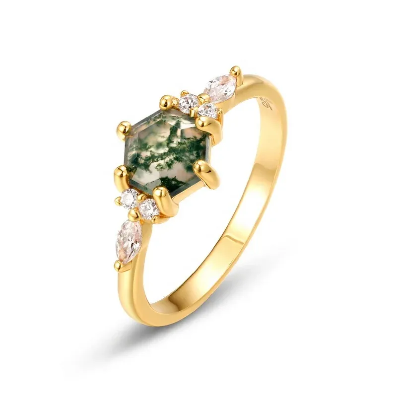 JewelyKing S925 Sterling Silver Moss Agate Rose Gold Plating Vintage Wedding Engagement Ring JKRS0237