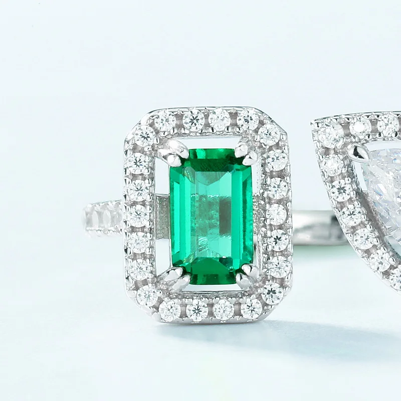 Fine Jewelry Geometric Cultivated Emerald S925 Silver FullColored Gemstones Light Luxury Open Finger Ring Retro Personality Ring
