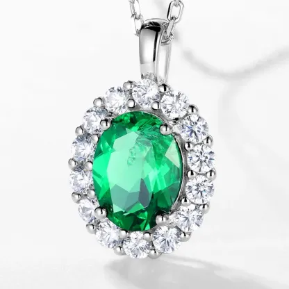 S925 Sterling Silver Lab Created Emerald Pendant Necklace for Women Retro European and American Style Jewelry