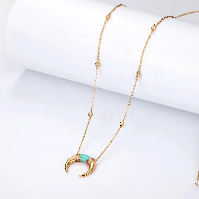 JewelyKing S925 Boho Sterling Silver Enamel  Gold Buffalo Tusk Horn Crescent Moon Long Necklace JKNS0142